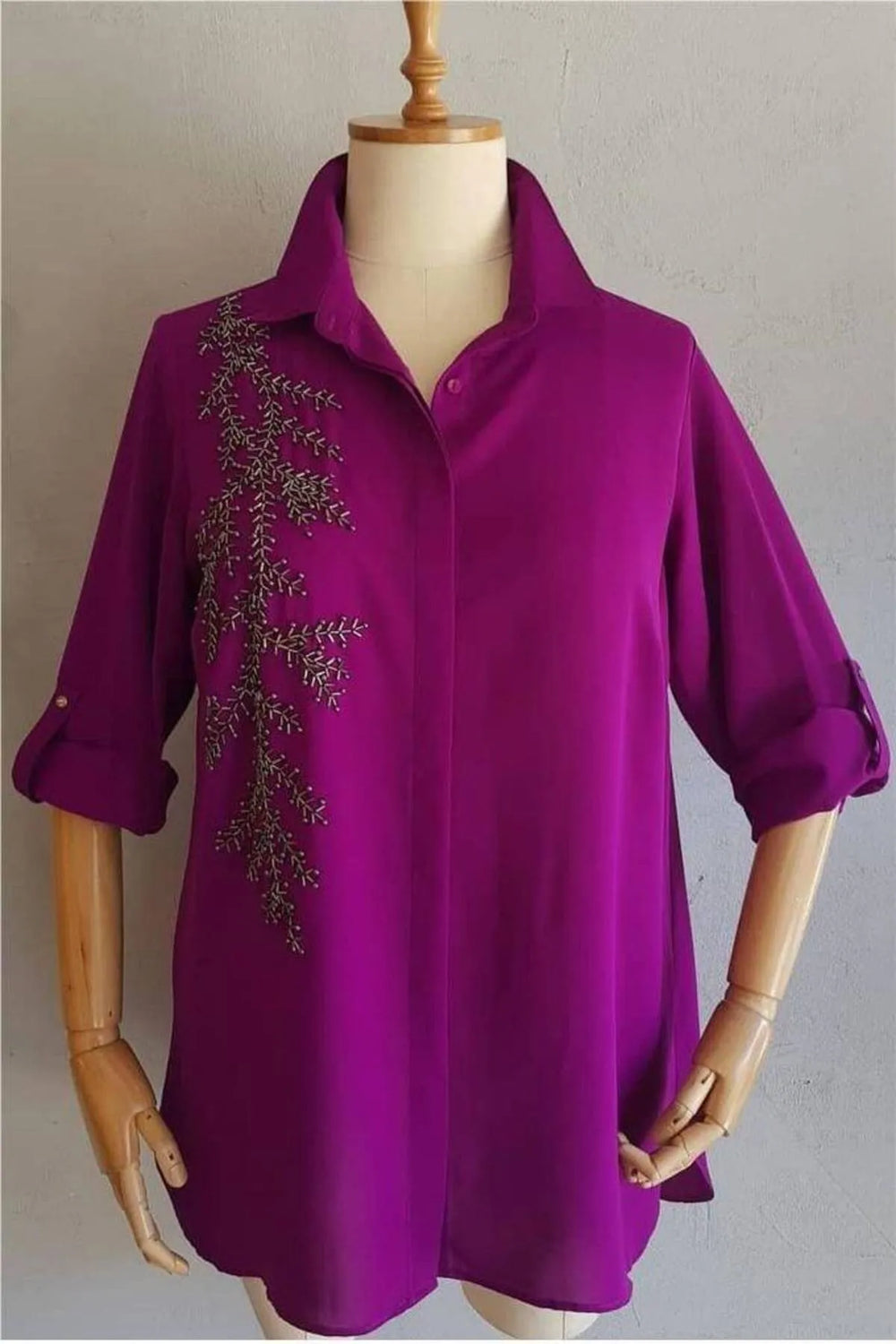Plus Size Women's Saxe Blue Bead-Embellished Woven Shirt - Image 27