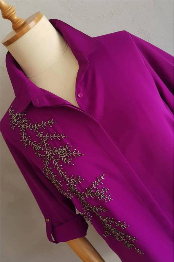 Plus Size Women's Saxe Blue Bead-Embellished Woven Shirt