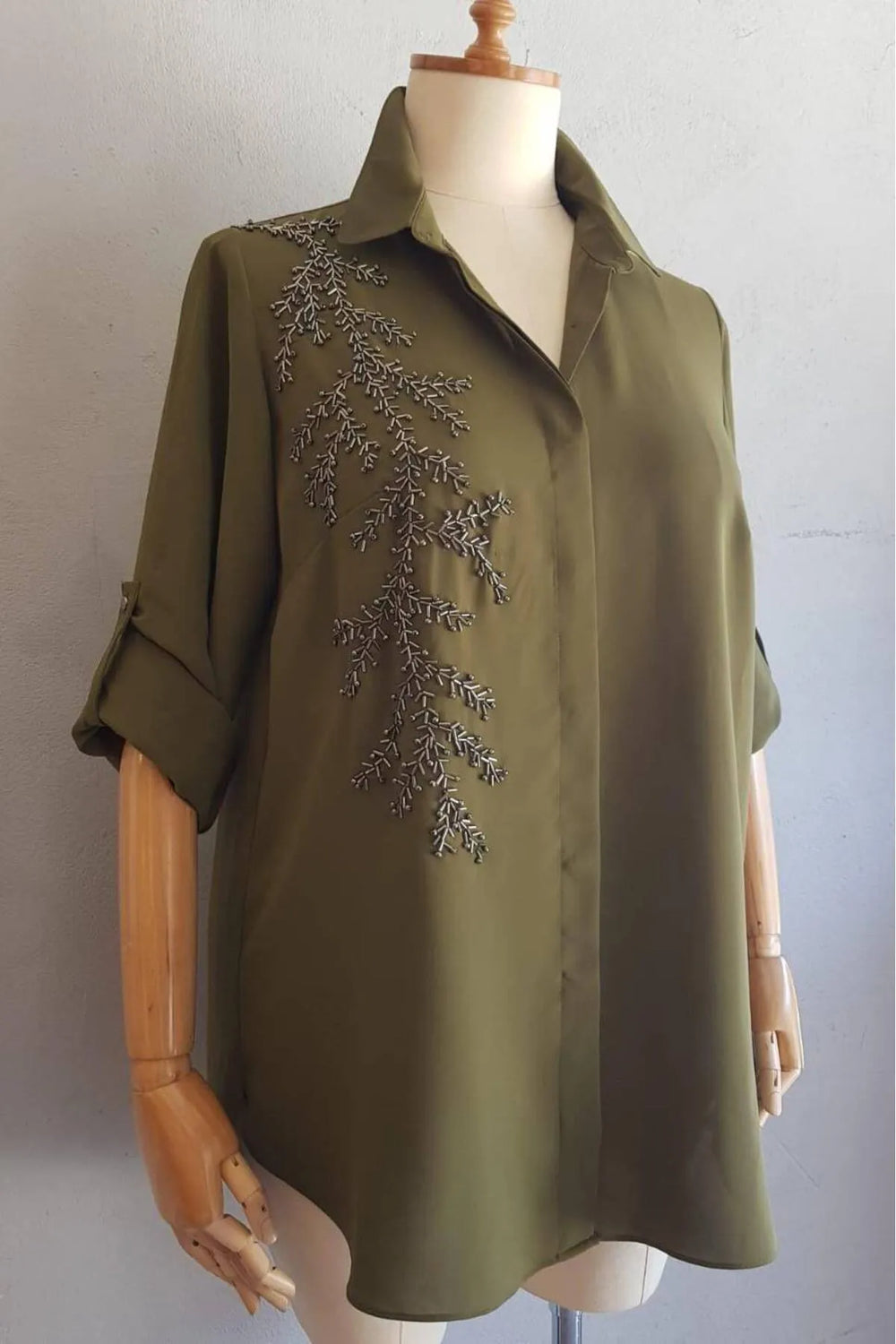 Plus Size Women's Saxe Blue Bead-Embellished Woven Shirt - Image 31