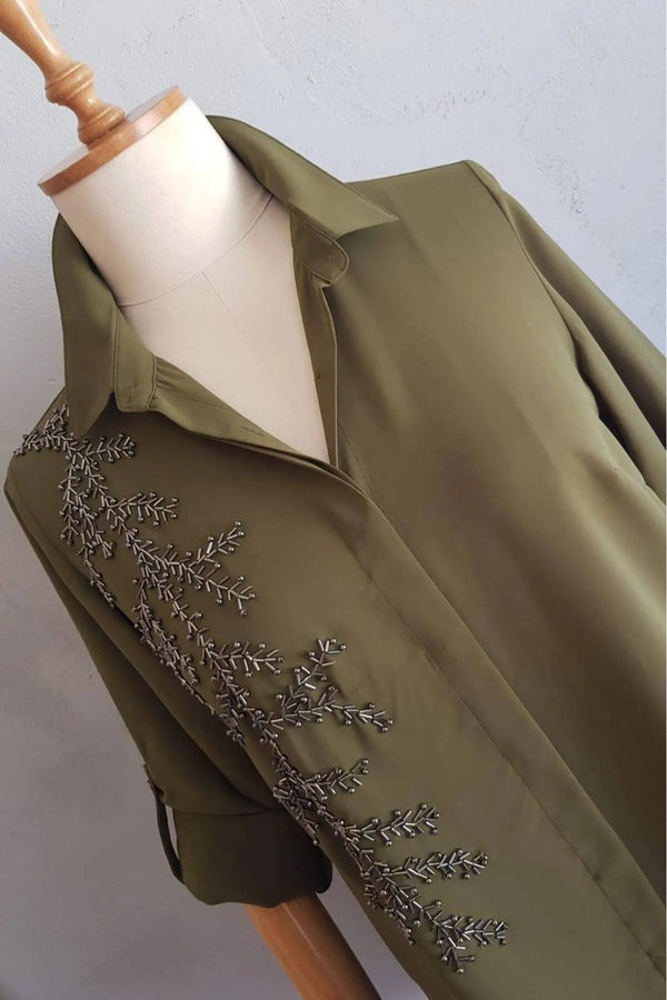 Plus Size Women's Saxe Blue Bead-Embellished Woven Shirt