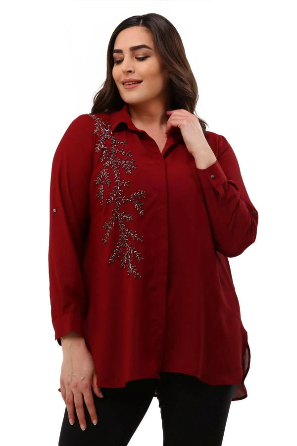 Plus Size Women's Saxe Blue Bead-Embellished Woven Shirt