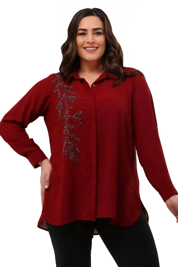 Plus Size Women's Saxe Blue Bead-Embellished Woven Shirt