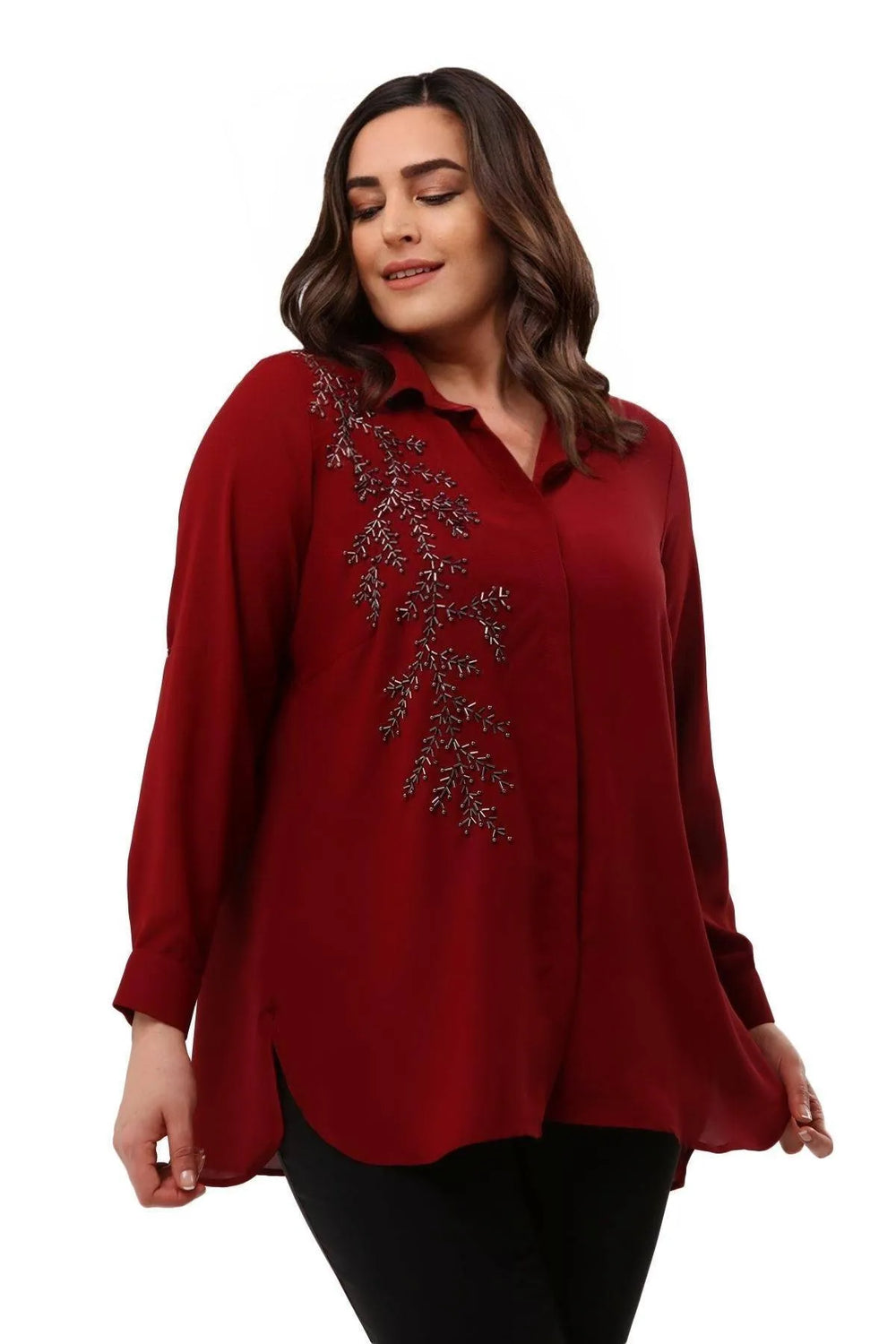 Plus Size Women's Saxe Blue Bead-Embellished Woven Shirt - Image 39