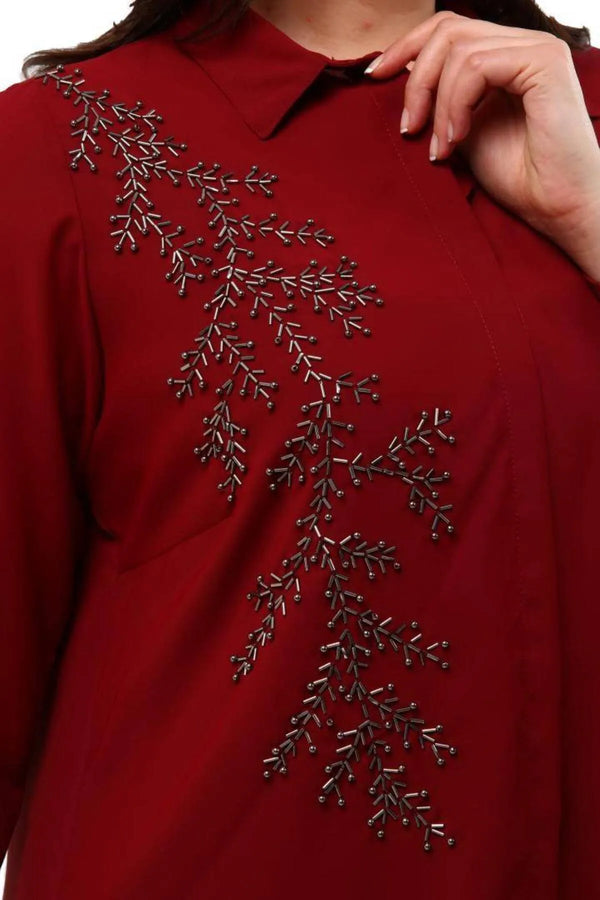 Plus Size Women's Saxe Blue Bead-Embellished Woven Shirt