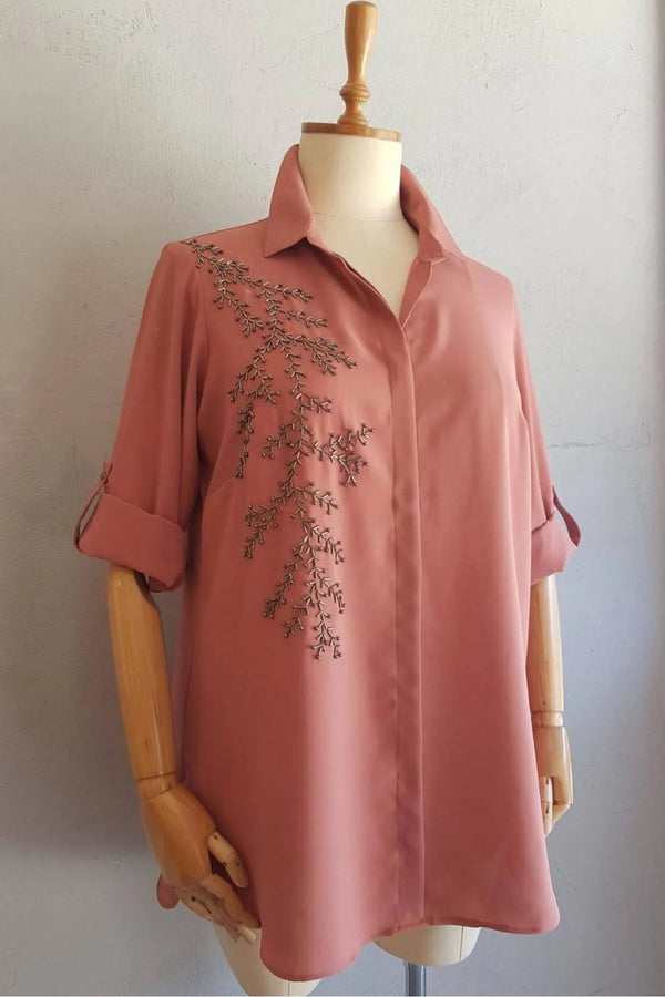 Plus Size Women's Saxe Blue Bead-Embellished Woven Shirt