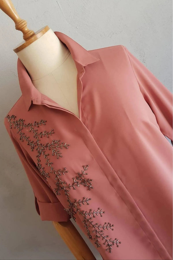 Plus Size Women's Saxe Blue Bead-Embellished Woven Shirt