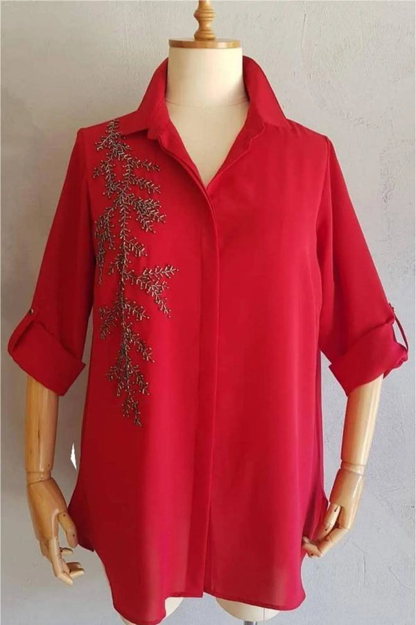 Plus Size Women's Saxe Blue Bead-Embellished Woven Shirt