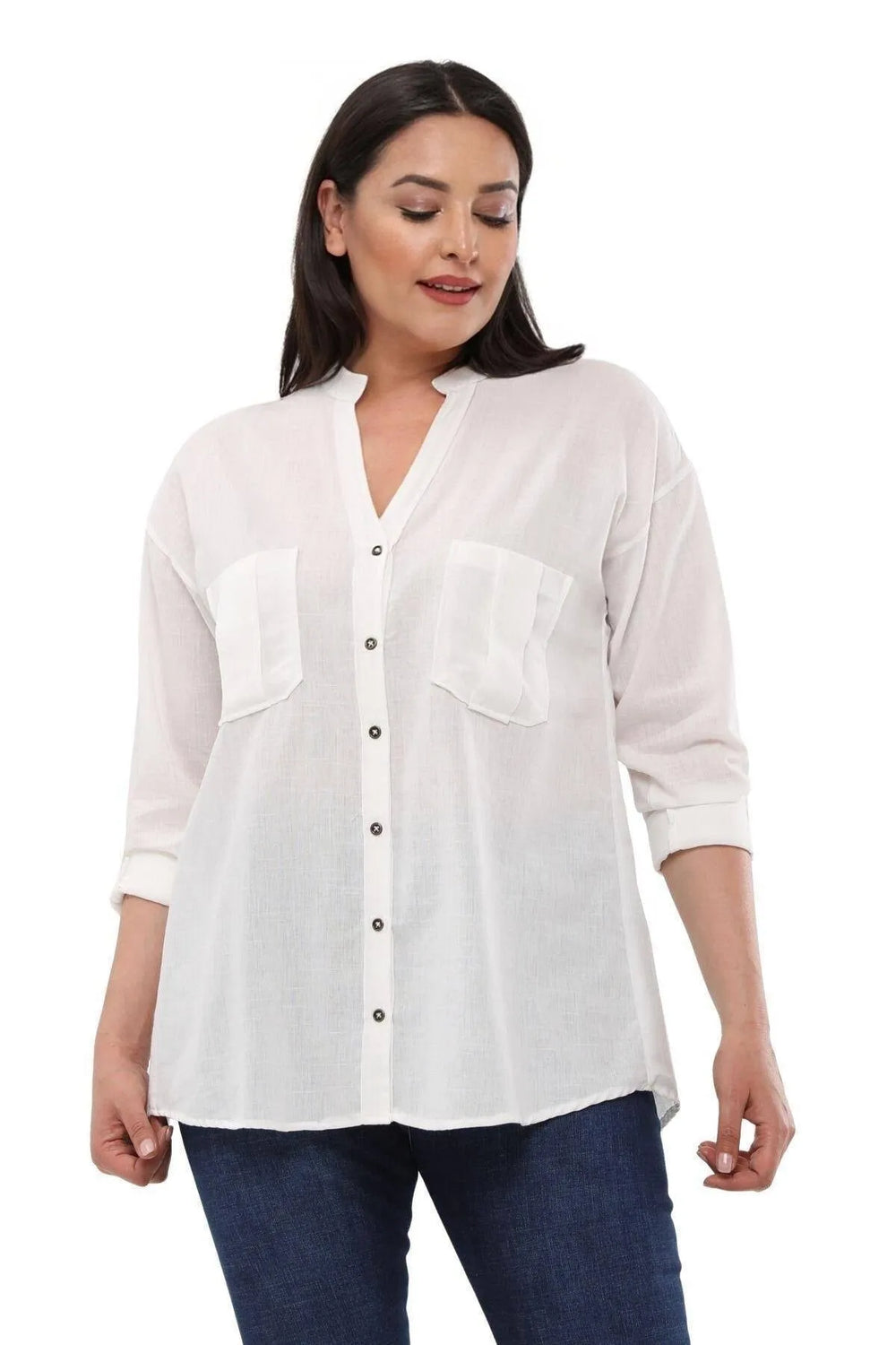 Plus Size Women's Royal Blue Mandarin Collar Linen Shirt with Pockets - Image 12