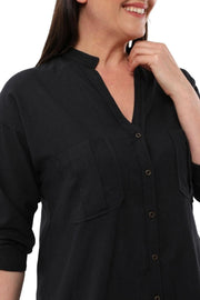 Büyük Beden Kadın Büyük Beden Kadın Siyah Hakim Yaka Keten Gömlek Cepli Büyük Beden Gömlek Siyah Keten