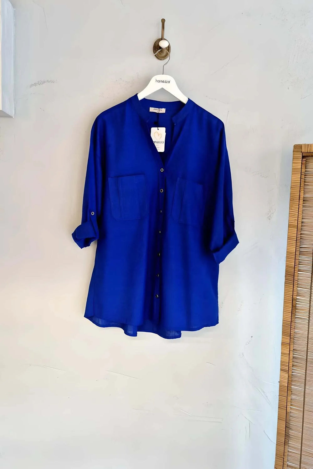 Plus Size Women's Royal Blue Mandarin Collar Linen Shirt with Pockets - Image 5