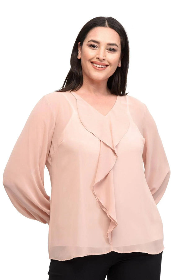 Büyük Beden Kadın Büyük Beden Kadın Şifon Fırfırlı Bluz - Astarlı Büyük Beden Bluz [Pembe] [Düz Renk]