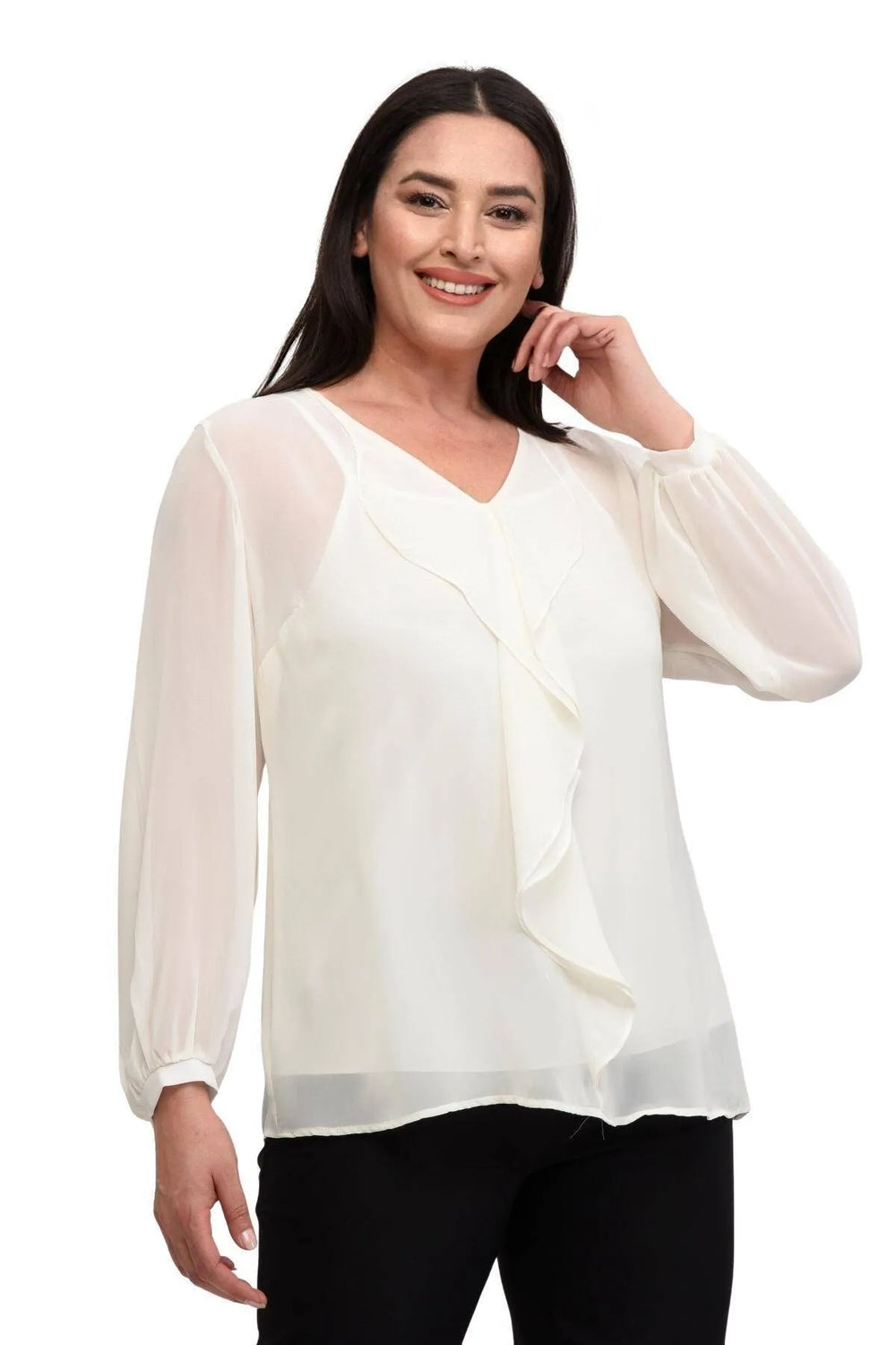 Büyük Beden Kadın  Şifon Fırfırlı Bluz - Astarlı - Image 9