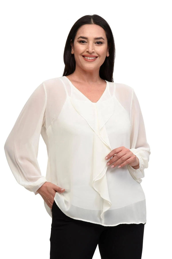 Büyük Beden Kadın  Şifon Fırfırlı Bluz - Astarlı