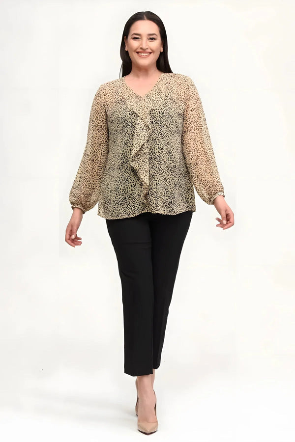 Büyük Beden Kadın  Şifon Fırfırlı Bluz - Astarlı