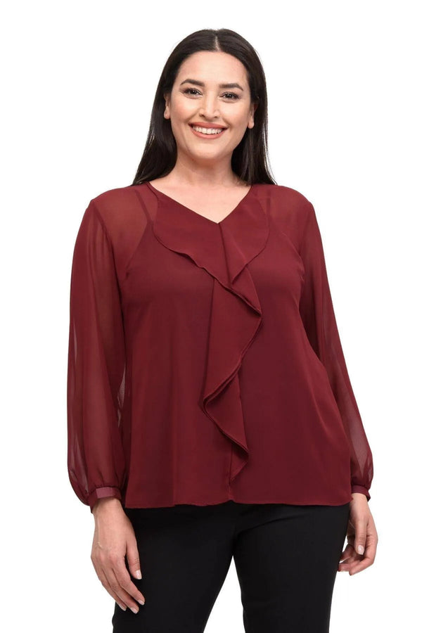 Büyük Beden Kadın  Şifon Fırfırlı Bluz - Astarlı