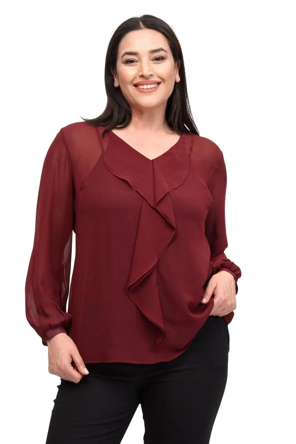 Büyük Beden Kadın  Şifon Fırfırlı Bluz - Astarlı