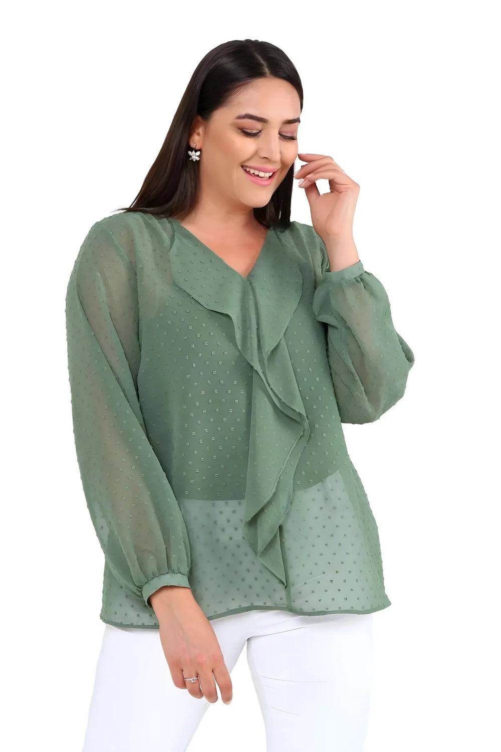 Büyük Beden Kadın  Şifon Fırfırlı Bluz - Astarlı - Image 30