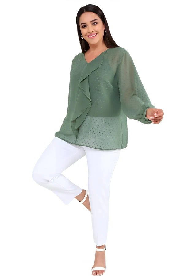 Büyük Beden Kadın  Şifon Fırfırlı Bluz - Astarlı