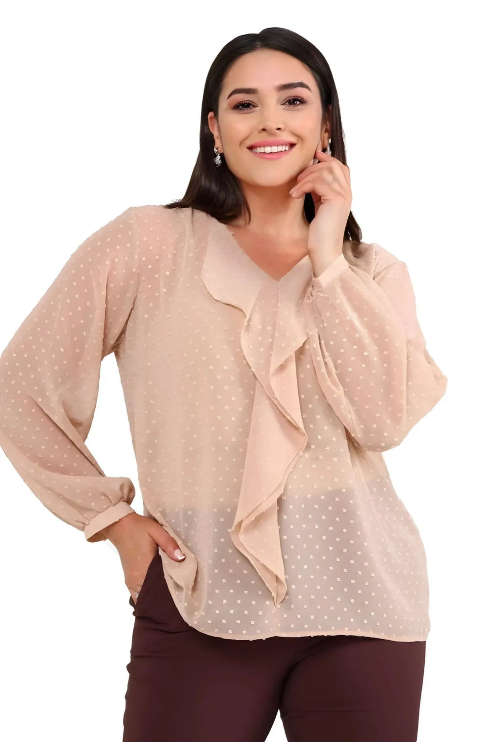 Büyük Beden Kadın  Şifon Fırfırlı Bluz - Astarlı - Image 35