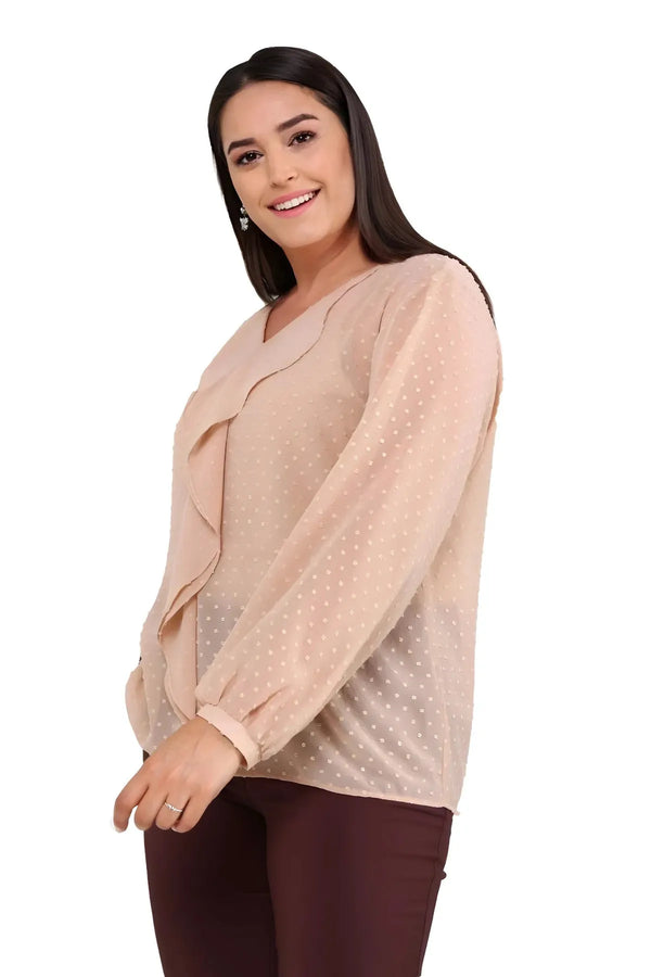 Büyük Beden Kadın  Şifon Fırfırlı Bluz - Astarlı