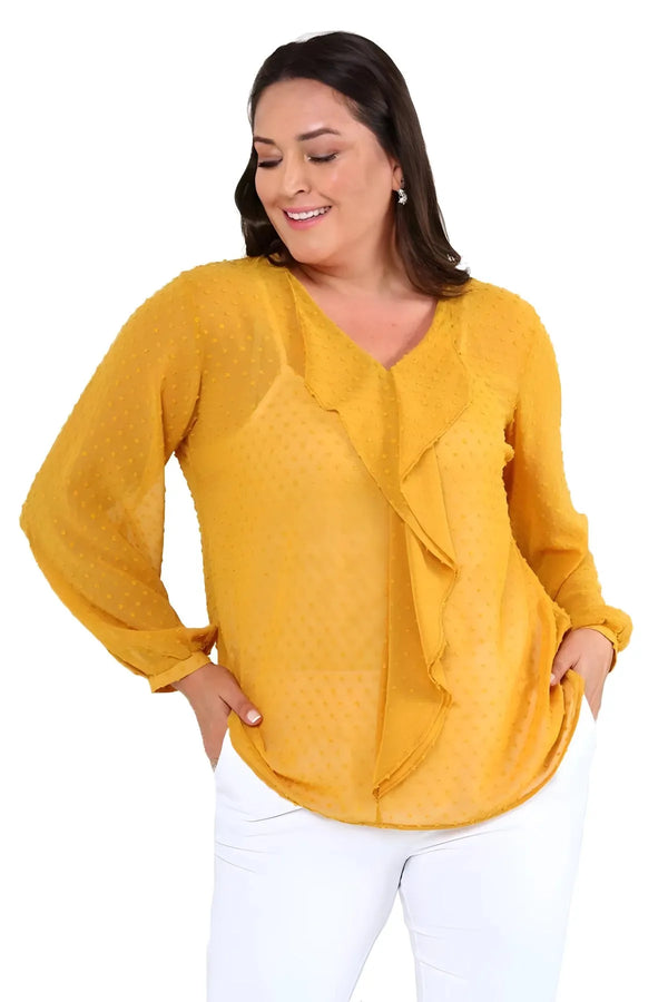 Büyük Beden Kadın  Şifon Fırfırlı Bluz - Astarlı