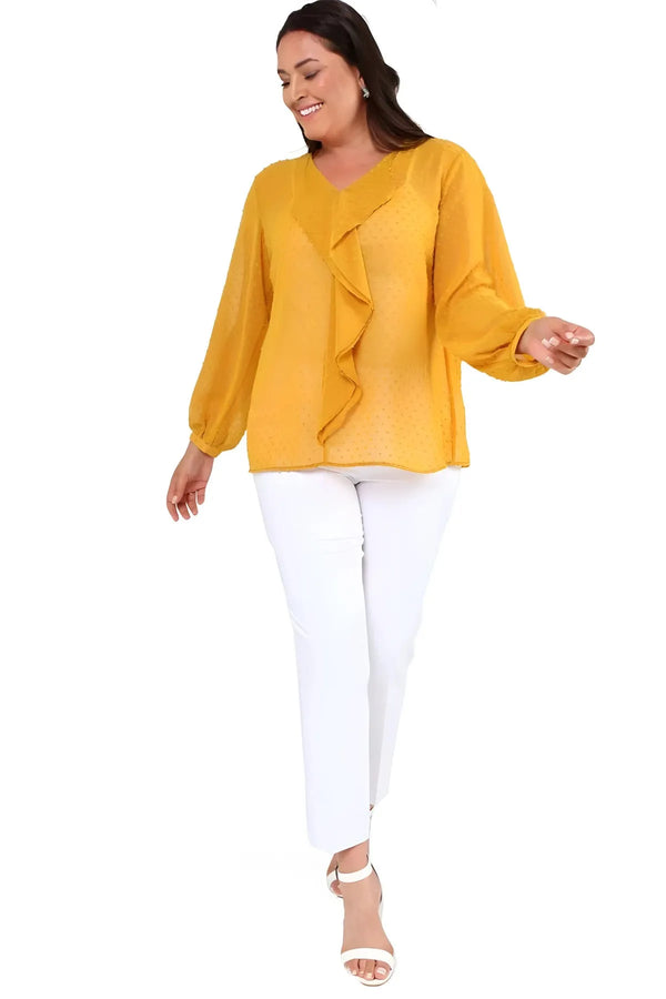 Büyük Beden Kadın  Şifon Fırfırlı Bluz - Astarlı