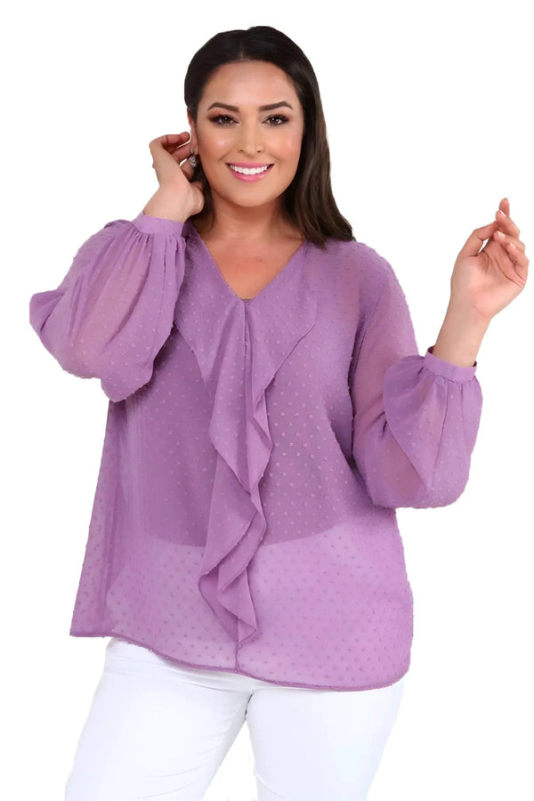 Büyük Beden Kadın  Şifon Fırfırlı Bluz - Astarlı