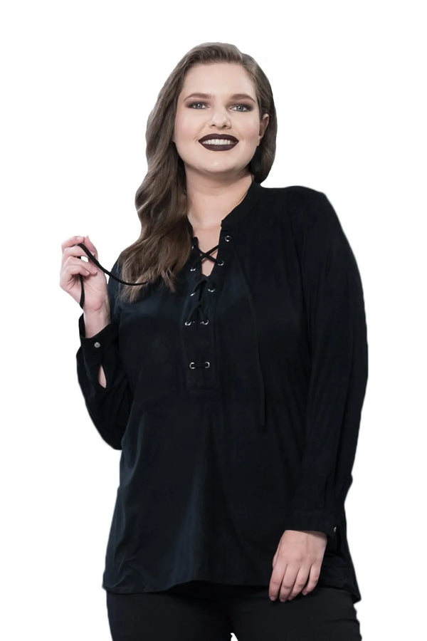 Büyük Beden Kadın Büyük Beden Kadın Siyah Bağcıklı Uzun Kollu Bluz Büyük Beden Bluz Siyah Kadife