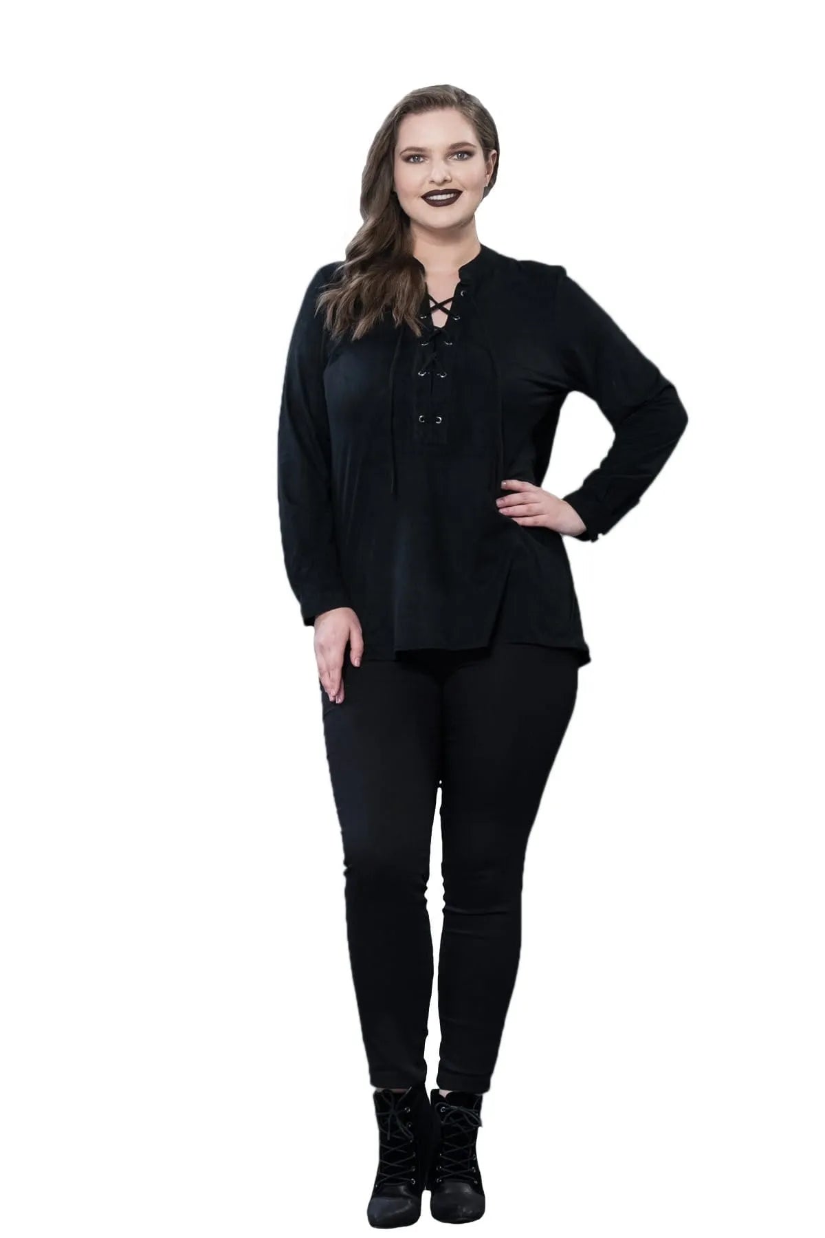 Plus Size Damen Bluse in Schwarz mit Schnürung und Langarm