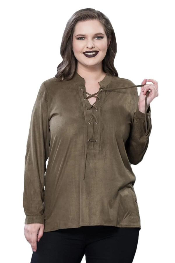 Büyük Beden Kadın Siyah Bağcıklı Uzun Kollu Bluz