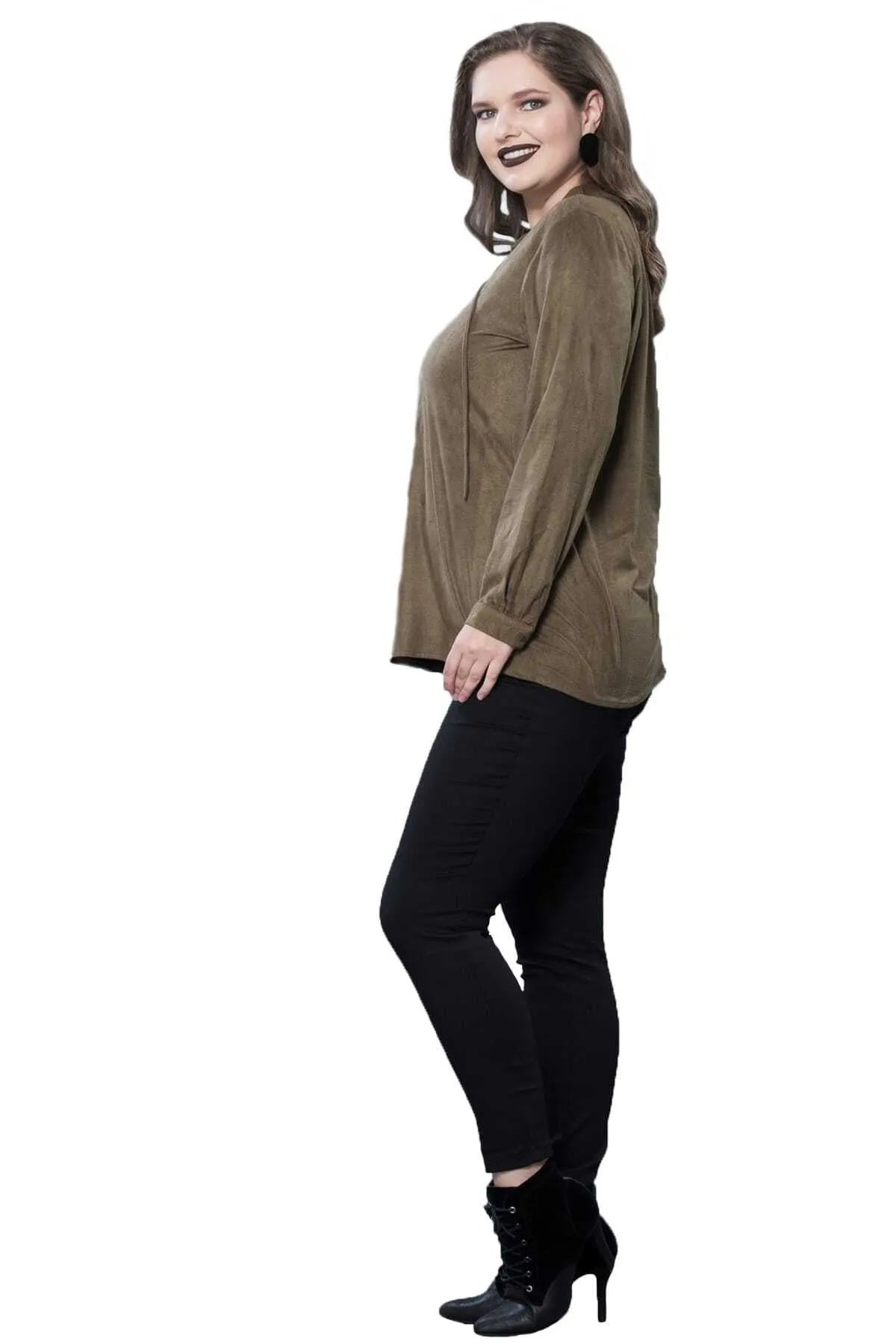 Plus Size Damen Bluse in Schwarz mit Schnürung und Langarm