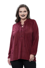 Büyük Beden Kadın Büyük Beden Kadın Bordo Bağcıklı Uzun Kollu Bluz Büyük Beden Bluz Bordo Süet