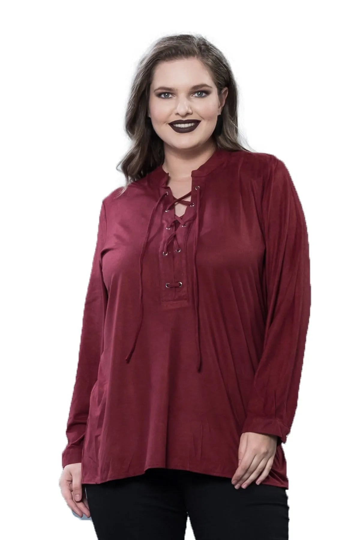 Plus Size Damen Bluse in Schwarz mit Schnürung und Langarm