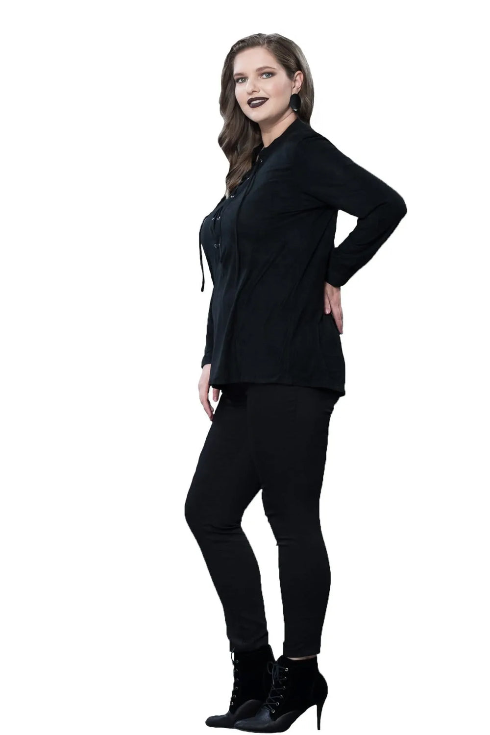 Büyük Beden Kadın Siyah Bağcıklı Uzun Kollu Bluz - Image 2