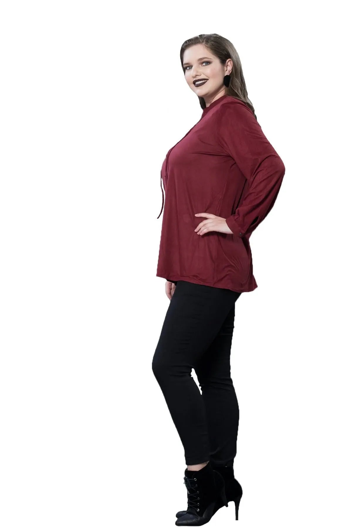 Plus Size Damen Bluse in Schwarz mit Schnürung und Langarm