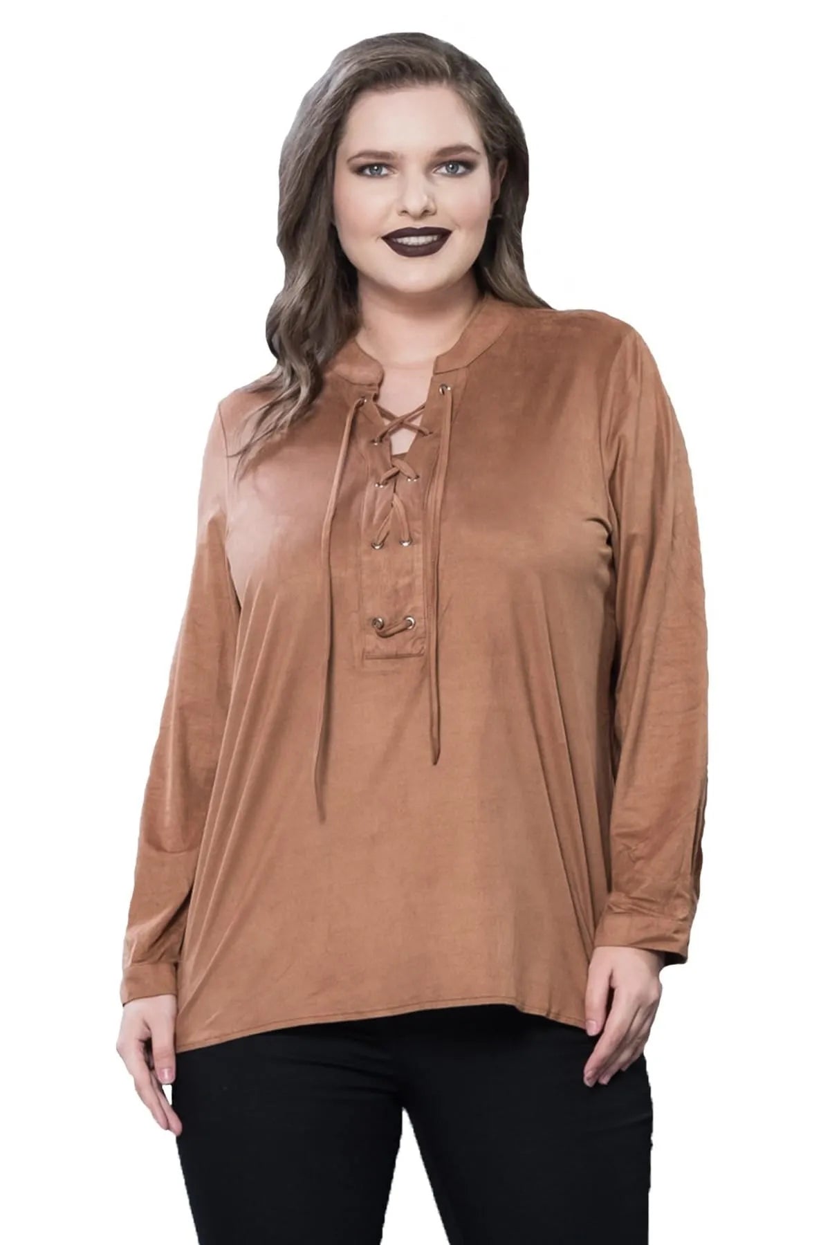Plus Size Damen Bluse in Schwarz mit Schnürung und Langarm