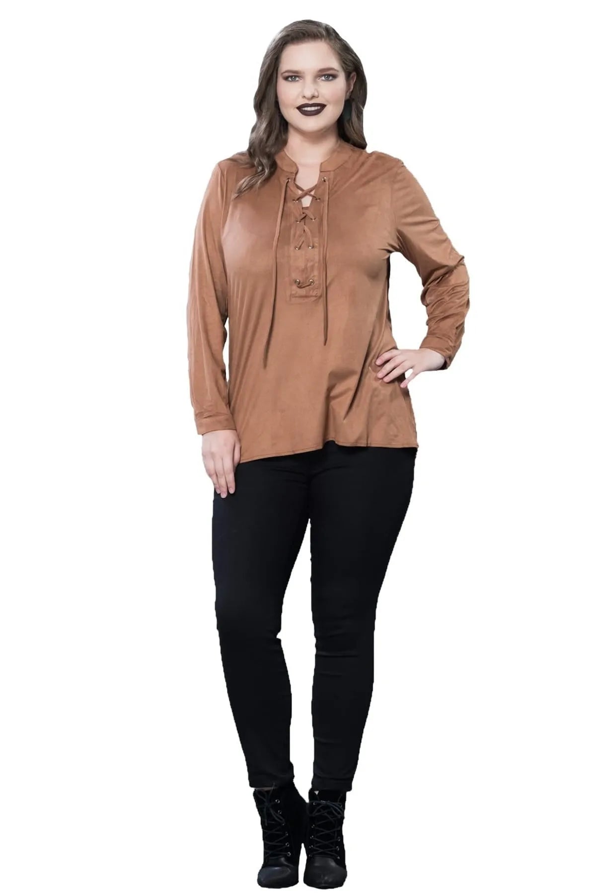 Plus Size Damen Bluse in Schwarz mit Schnürung und Langarm