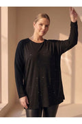 Damen Oversize-Bluse in Übergröße mit edler Perlenstickerei – Schwarz