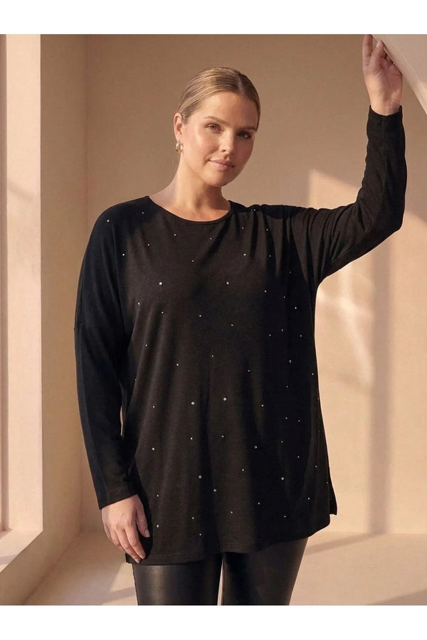 Büyük Beden Kadın Büyük Beden Kadın Siyah Boncuk İşlemeli Likralı Oversize Bluz Büyük Beden Bluz Siyah Likralı