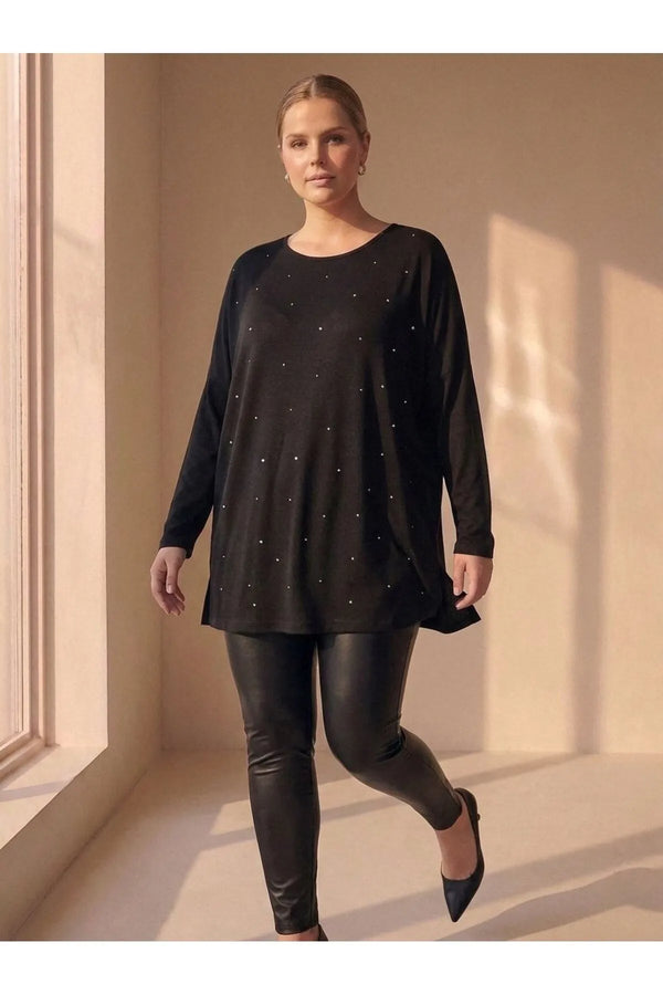 Damen Oversize-Bluse in Übergröße mit edler Perlenstickerei – Schwarz