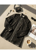 Plus Size Women's Black Geometric Patterned Leather Detailed Jacket