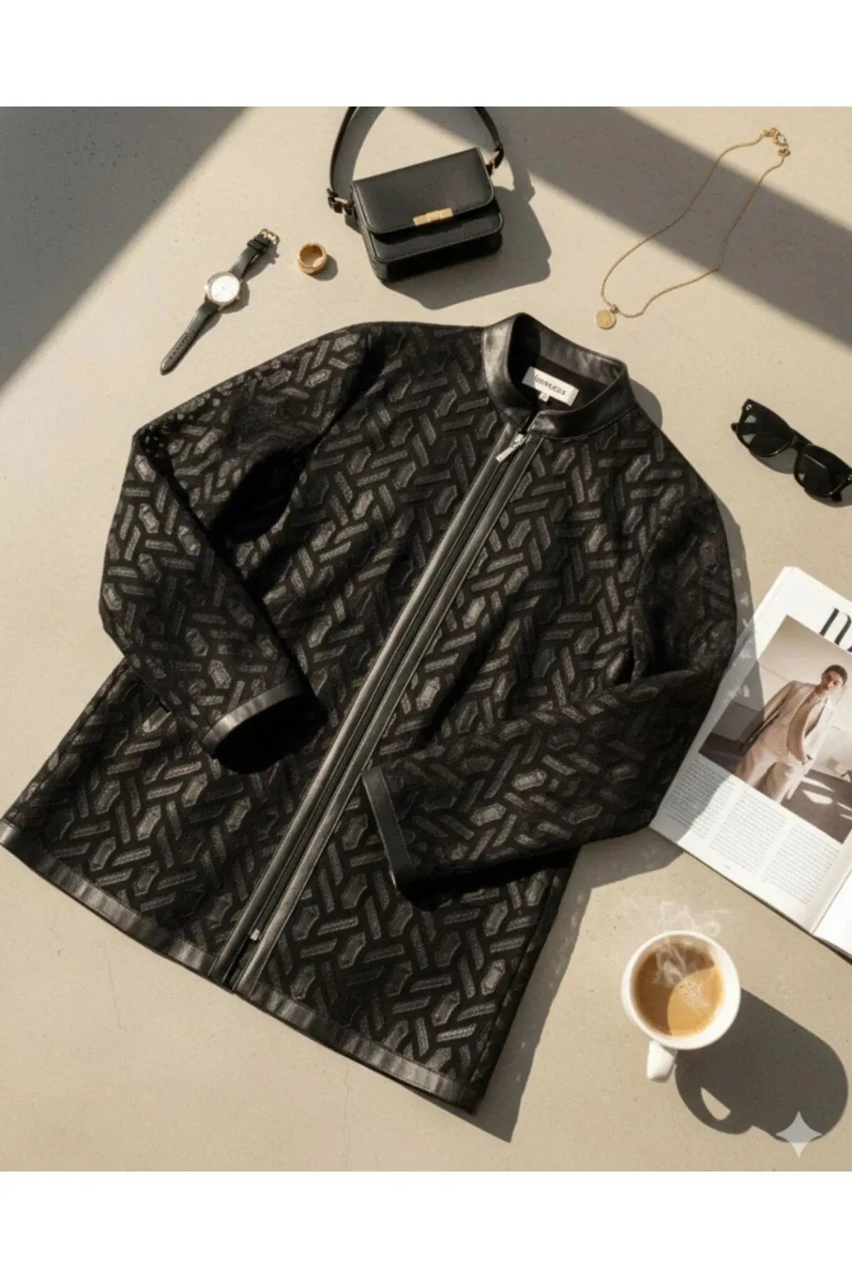 Plus Size Women's Black Geometric Patterned Leather Detailed Jacket