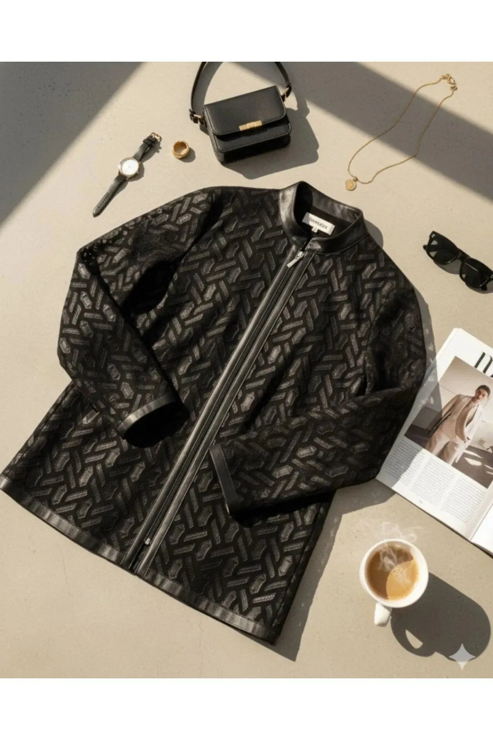 Женский черный жакет больших размеров с геометрическим принтом и кожаной отделкой - Image 1