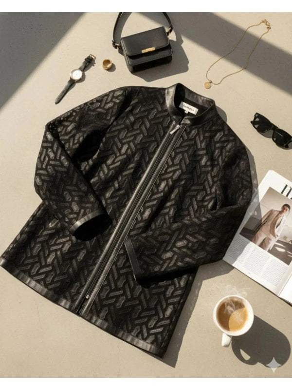 Büyük Beden Kadın Siyah Geometrik Desenli Deri Detaylı Ceket