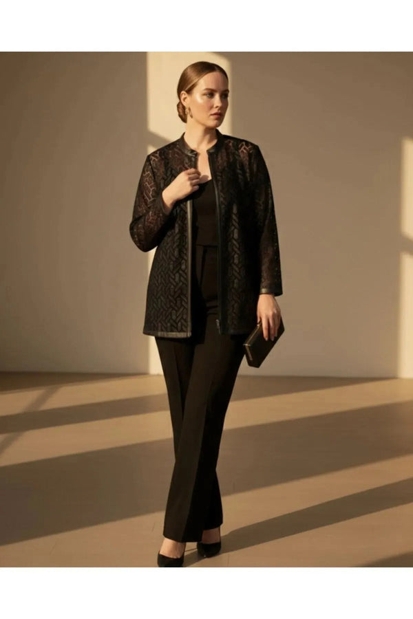 Женский черный жакет больших размеров с геометрическим принтом и кожаной отделкой