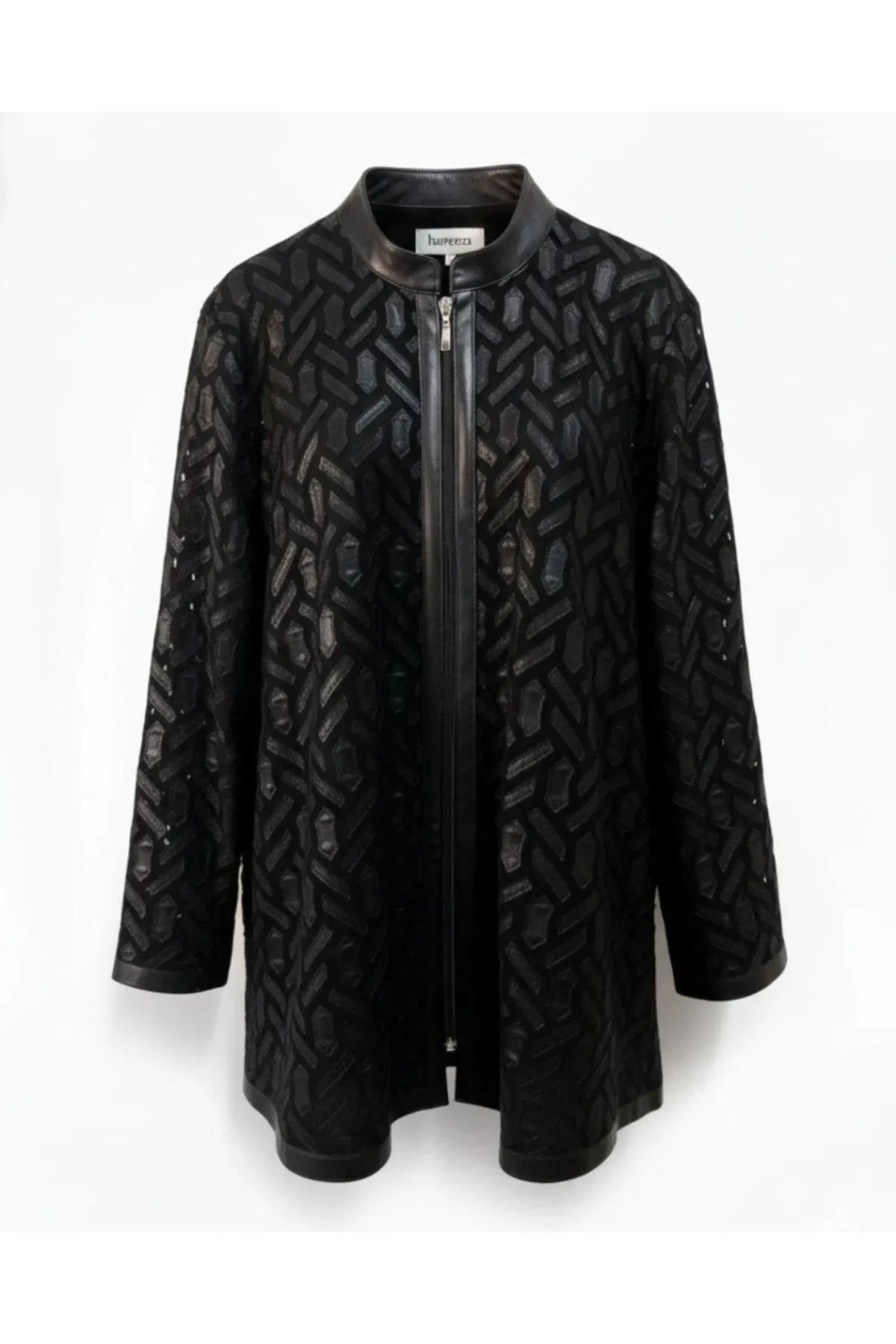 Plus Size Women's Black Geometric Patterned Leather Detailed Jacket