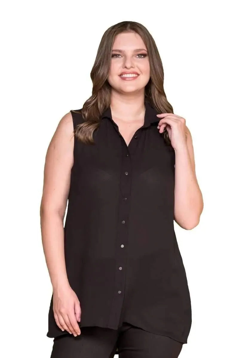 Women's Plus Size Black Sleeveless Button-Down Summer Shirt Tunic - Image 1