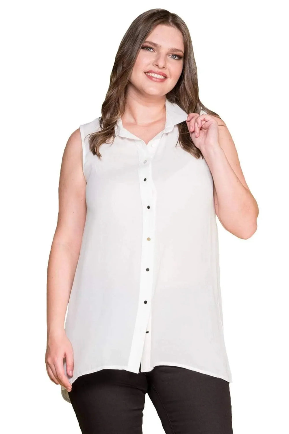 Women's Plus Size Black Sleeveless Button-Down Summer Shirt Tunic - Image 17