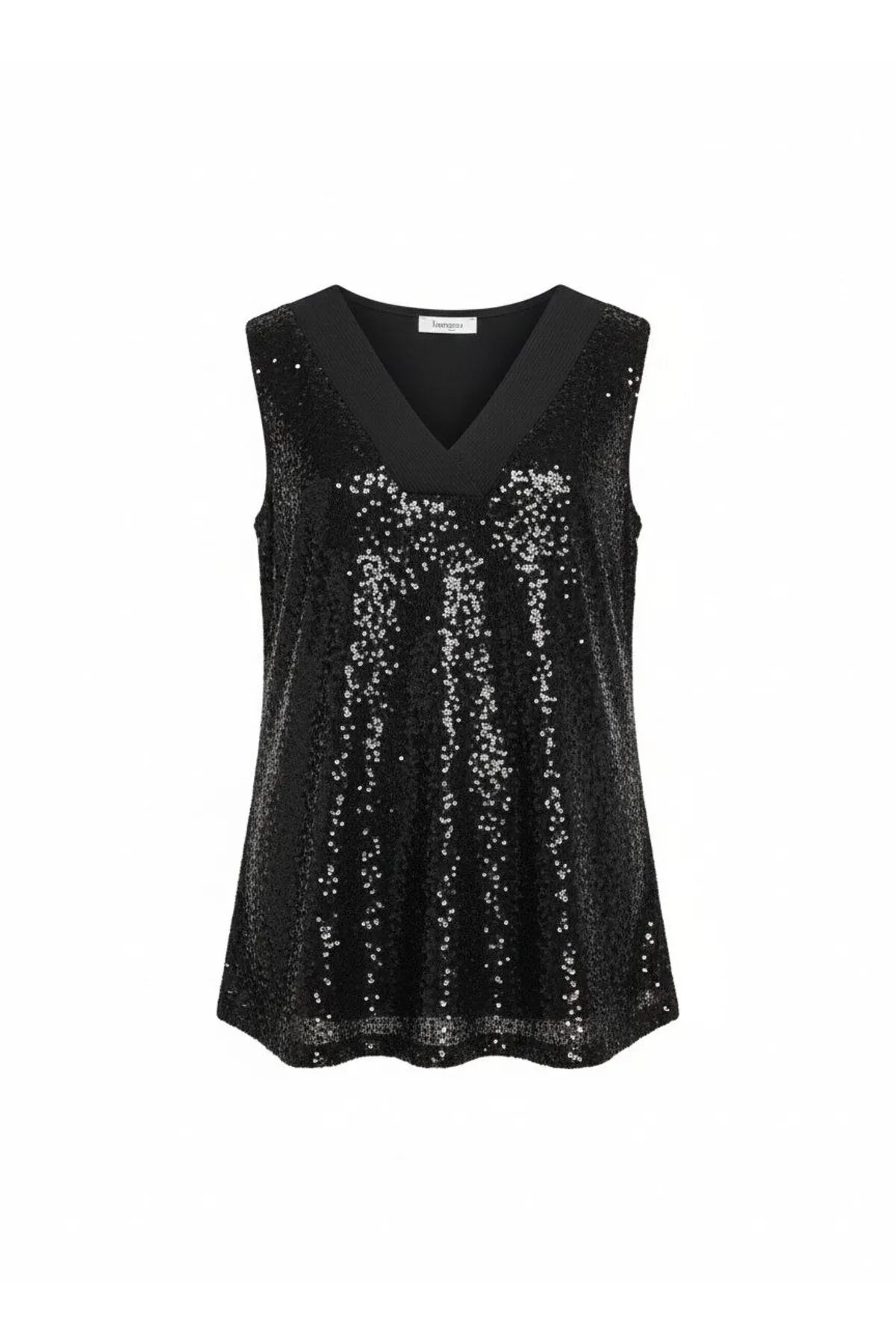 Ärmellose Damen-Bluse in Übergröße in Schwarz mit V-Ausschnitt, Pailletten und Lycra