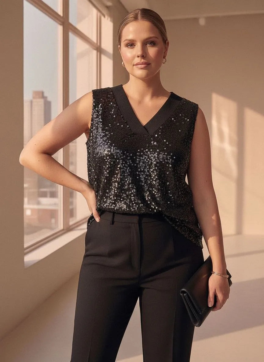 Büyük Beden Kadın Siyah V Yaka Pul Payetli Likralı Kolsuz Bluz - Image 4
